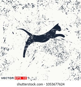 Vector jump cat silhouette on grunge background