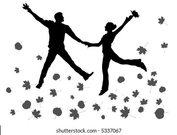 vector jump couple. autumn leaves