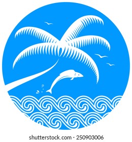 vector jumping fish over the sea and palm tree isolated on blue round