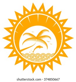 vector jumping fish over the sea and palm tree in sun isolated on white background