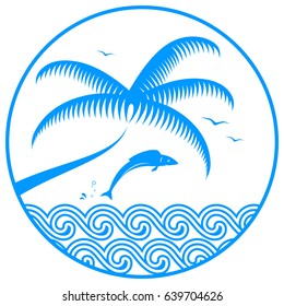 vector jumping fish over the sea and palm tree in round