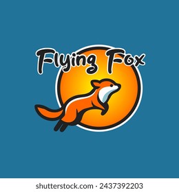 Vector of a jumping fox and a sunset behind it with the text Flying Fox, on a navy blue background.