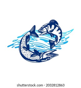 Vector jumping pike and perch fish illustration with water splash