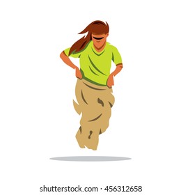 Vector Jumping Sack Cartoon Illustration. Woman Jumps in the bag. Unusual Logo template isolated on a white background