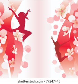 vector jumping women on red flowers backdrop girl dancer cool vector