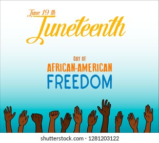 Vector - Juneteenth, African-American Independence Day, June 19. Day of freedom and emancipation. Banner with seamless border, raised hand of celebrating people