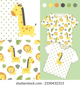 vector jungle animal, fashion design set for baby wear collection