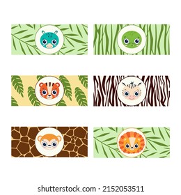 Vector jungle animals labels lion, zebra, tiger