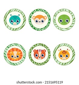 Vector jungle animals round stickers
