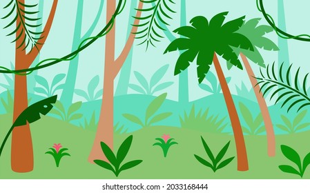 Vector jungle background, illustration of rainforest landscape, tropical forest with palm trees and leaves of exotic plants