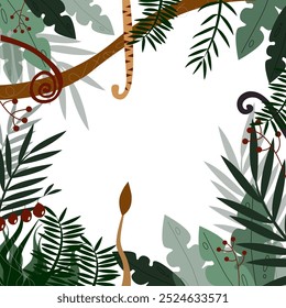 Vector jungle background with palm trees, exotic flora, tiger tail on white background