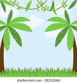 Vector Jungle Background With Palm Trees, Grass, Sky, Clouds And Vines