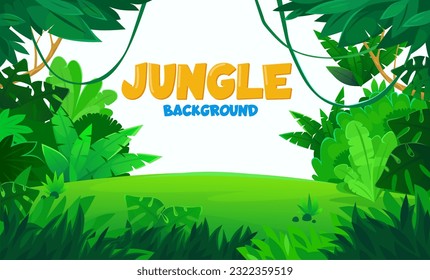 Fondo de la jungla vectorial con espacio para texto. Dibujo de caricatura de bosque tropical con vistas al paisaje con palmeras verdes, hojas, viñas, lianas y flores. Plantilla floral para diseño de banners o tarjetas