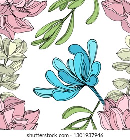 Vector Jungle botanical succulent flower. Wild spring leaf isolated. Engraved ink art illustration. Seamless background pattern. Fabric wallpaper print texture.