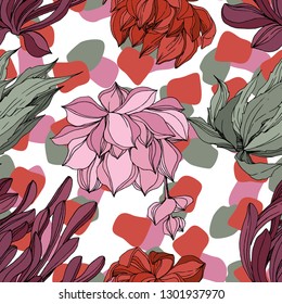 Vector Jungle botanical succulent flower. Wild spring leaf isolated. Engraved ink art illustration. Seamless background pattern. Fabric wallpaper print texture.