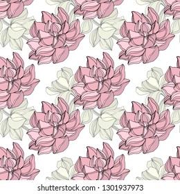 Flor suculenta botánica vectorial Jungle. Hojas de primavera silvestres aisladas. Ilustración de arte con tinta grabada. Patrón de fondo sin inconvenientes. Textura de impresión de papel tapiz de tela.