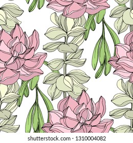 Vector Jungle botanical succulent flower. Wild spring leaf isolated. Engraved ink art illustration. Seamless background pattern. Fabric wallpaper print texture.