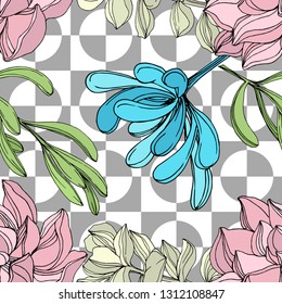 Vector Jungle botanical succulent flower. Wild spring leaf isolated. Engraved ink art illustration. Seamless background pattern. Fabric wallpaper print texture.