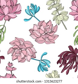 Vector Jungle botanical succulent flower. Wild spring leaf isolated. Engraved ink art illustration. Seamless background pattern. Fabric wallpaper print texture.