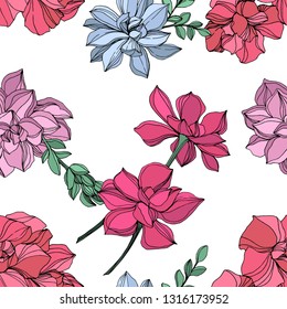 Vector Jungle botanical succulent flower. Wild spring leaf isolated. Engraved ink art illustration. Seamless background pattern. Fabric wallpaper print texture.