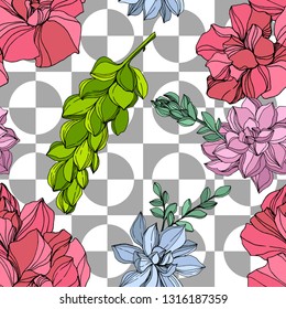 Vector Jungle botanical succulent flower. Wild spring leaf isolated. Engraved ink art illustration. Seamless background pattern. Fabric wallpaper print texture.