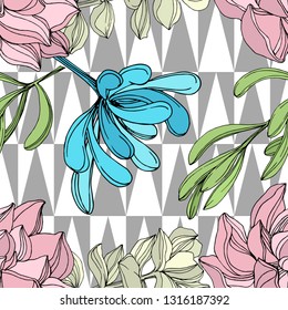 Vector Jungle botanical succulent flower. Wild spring leaf isolated. Engraved ink art illustration. Seamless background pattern. Fabric wallpaper print texture.