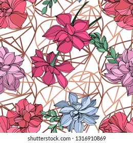 Vector Jungle botanical succulent flower. Wild spring leaf isolated. Engraved ink art illustration. Seamless background pattern. Fabric wallpaper print texture.
