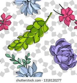 Vector Jungle botanical succulent flower. Wild spring leaf isolated. Engraved ink art illustration. Seamless background pattern. Fabric wallpaper print texture.