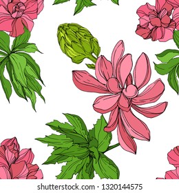 Vector Jungle botanical succulent flower. Wild spring leaf isolated. Engraved ink art illustration. Seamless background pattern. Fabric wallpaper print texture.