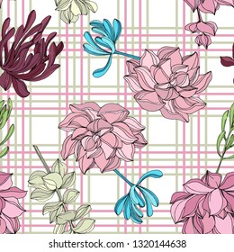 Vector Jungle botanical succulent flower. Wild spring leaf isolated. Engraved ink art illustration. Seamless background pattern. Fabric wallpaper print texture.