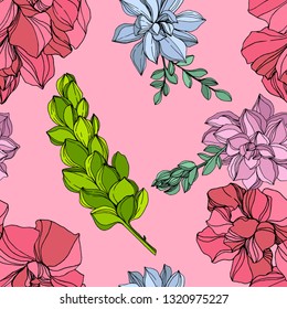 Vector Jungle botanical succulent flower. Wild spring leaf isolated. Engraved ink art illustration. Seamless background pattern. Fabric wallpaper print texture.