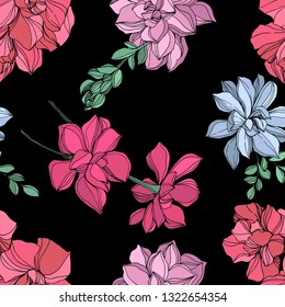 Vector Jungle botanical succulent flower. Wild spring leaf isolated. Engraved ink art illustration. Seamless background pattern. Fabric wallpaper print texture.
