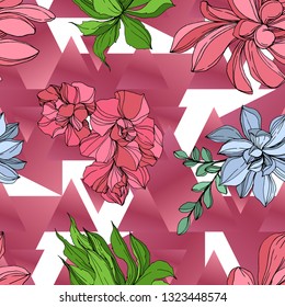 Vector Jungle botanical succulent flower. Wild spring leaf isolated. Engraved ink art illustration. Seamless background pattern. Fabric wallpaper print texture.