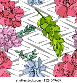 Vector Jungle botanical succulent flower. Wild spring leaf isolated. Engraved ink art illustration. Seamless background pattern. Fabric wallpaper print texture.