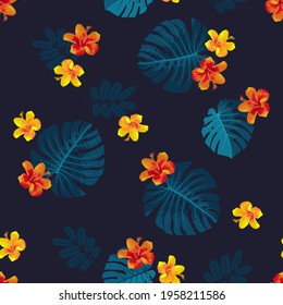 Vector jungle digital paper. Tropical summer hibiscus flowers seamless pattern. Bright natural monstera leaves on dark blue background. Vivid juicy colors. Bali Hawaii repeat floral pattern backdrop