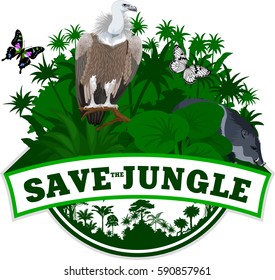 Vector Jungle Emblem with butterflies and wild pig peccary and Griffon vulture