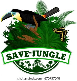 Vector Jungle Emblem with channel-billed toucan and butterfly