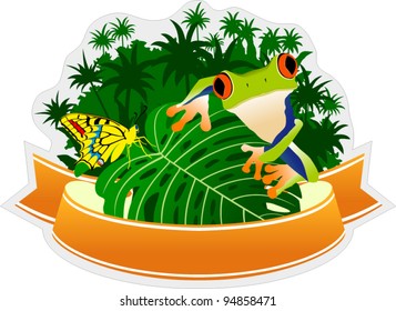 Vector Jungle Emblem with Frog and Butterfly