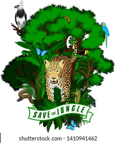 Vector Jungle Emblem with harpy, jaguar, anaconda, toucan, blue macaw ara, monkey and butterflies