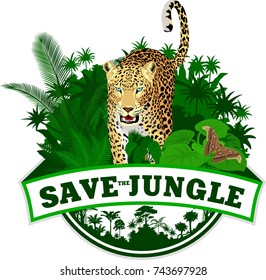 Vector jungle emblem with jaguar leopard and butterfliy