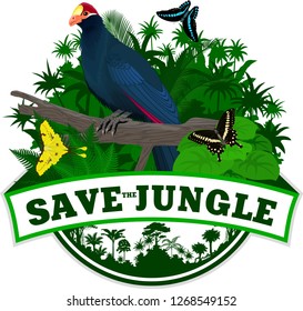 Vector Jungle Emblem with male Ross's turaco and butterflies