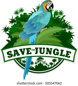 Vector Jungle Emblem with parrot Blue and yellow Macaw (Ara)