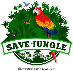 Vector Jungle Emblem with parrot Red Macaw (Ara) and hummingbirds