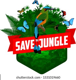 Vector Jungle Emblem with Turquoise browed Motmot and butterflies