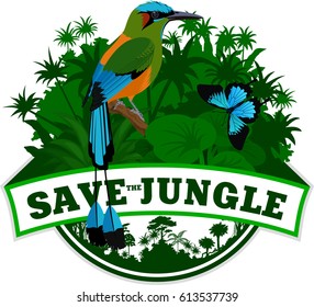 Vector Jungle Emblem with Turquoise browed Motmot and butterfly