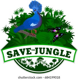 Vector Jungle Emblem with victoria crowned pigeon and butterfliy