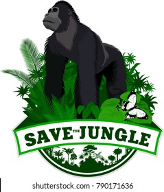 Vector Jungle Emblem with western gorilla and butterfly