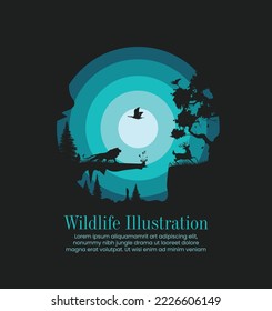Vektor-Dschungelabendansicht, Eine Illustration von Räubern und Hirschen, Schöner Hintergrund des dunklen Waldes