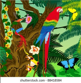 Vector Jungle with Parrot and Butterflies