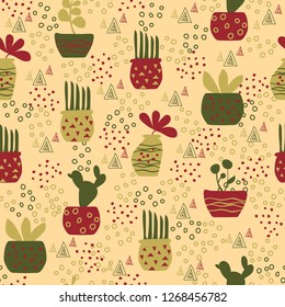vector jungle pattern in flower vases and tropical cactus and leaves on beige seamless background for use in design, textiles, wrapping paper, fashion